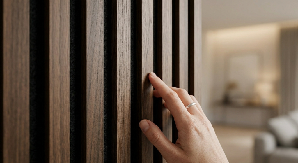 Detalle de fieltro acústico y listones de madera de wall panel interior